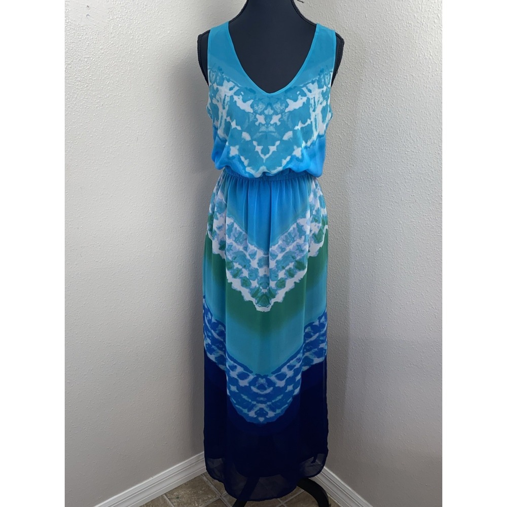 Banana Republic Long Maxi‎ Dress Women's 6 Blue Tie Dye Chiffon Watercolor Lined